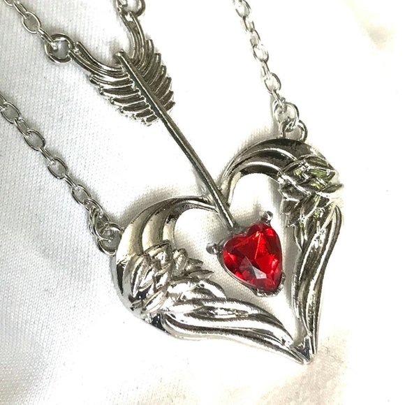 Red Heart CZ Arrow Through Heart Pendant Multilayer Clavicle Chain - Picture 1 of 3